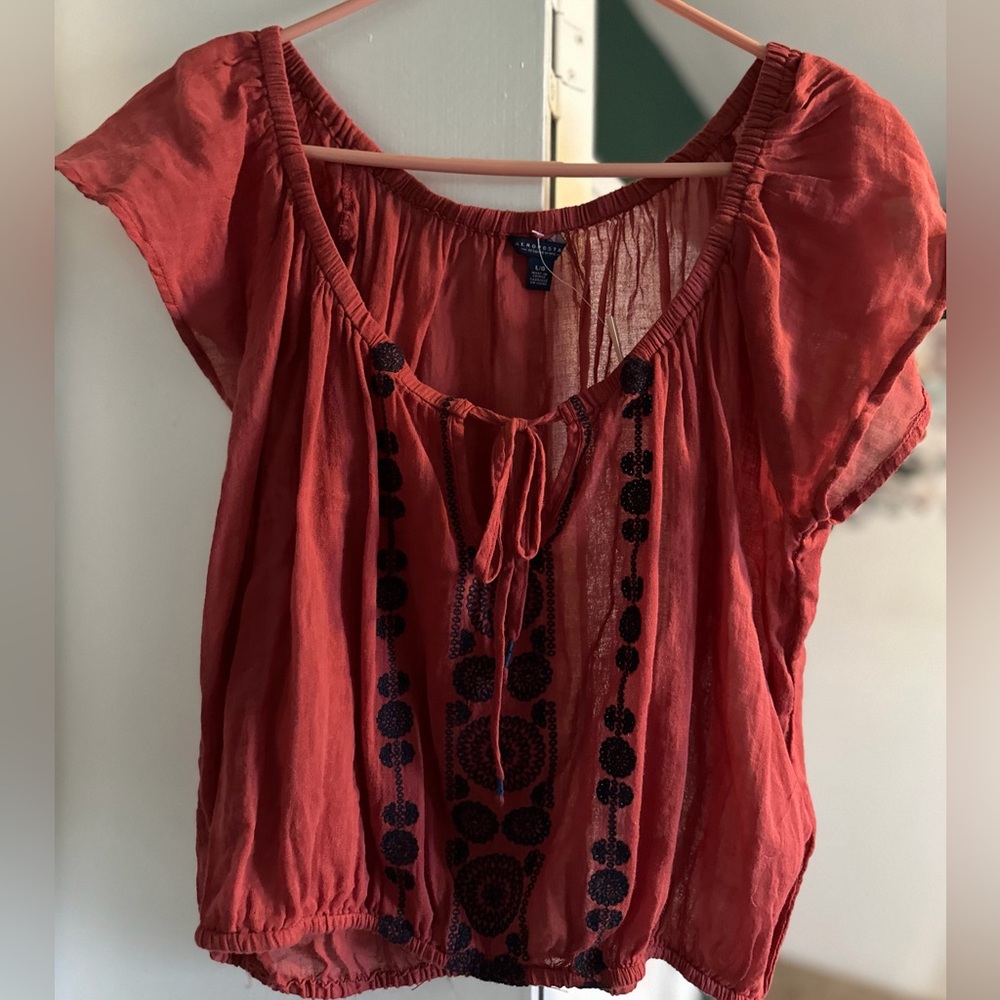 Aeropostale Rust Red Embroidered Tie-Front Peasant Tunic
